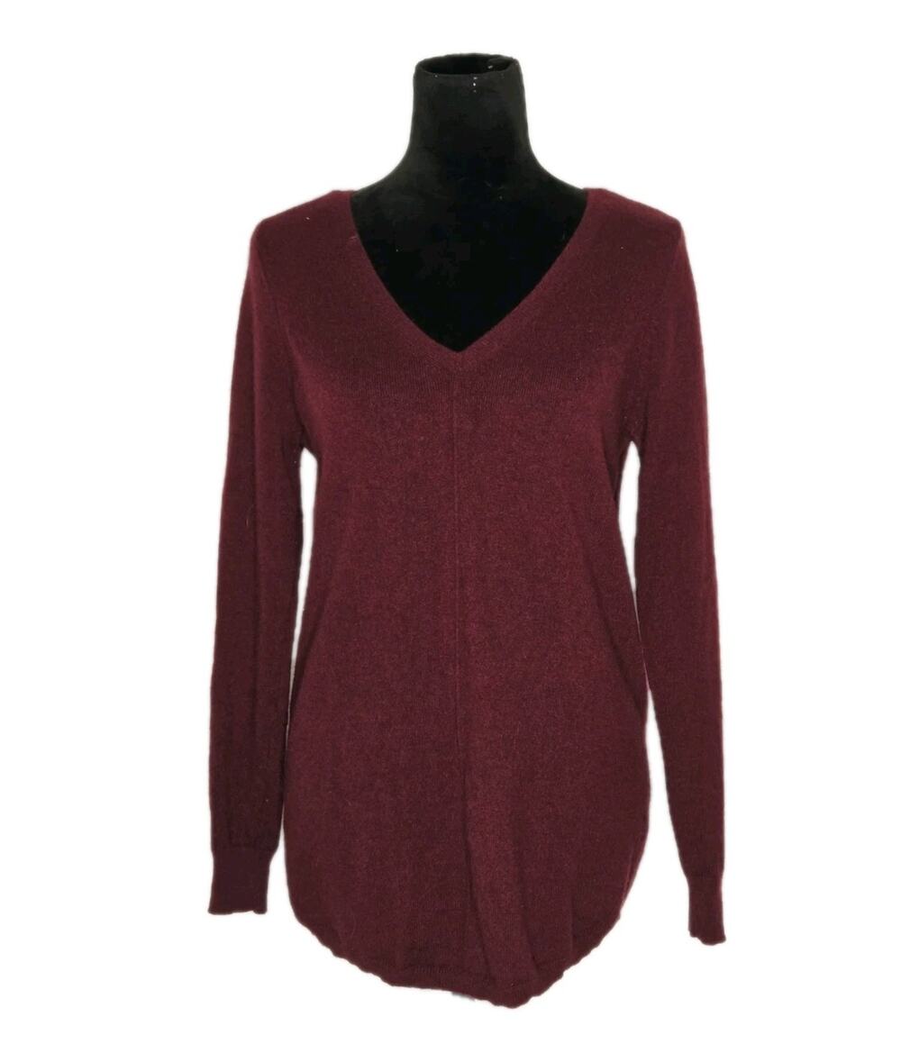 Ann Taylor 100% Cashmere Double V Neck Sweater Maroon Wine Rounded Hem Size M